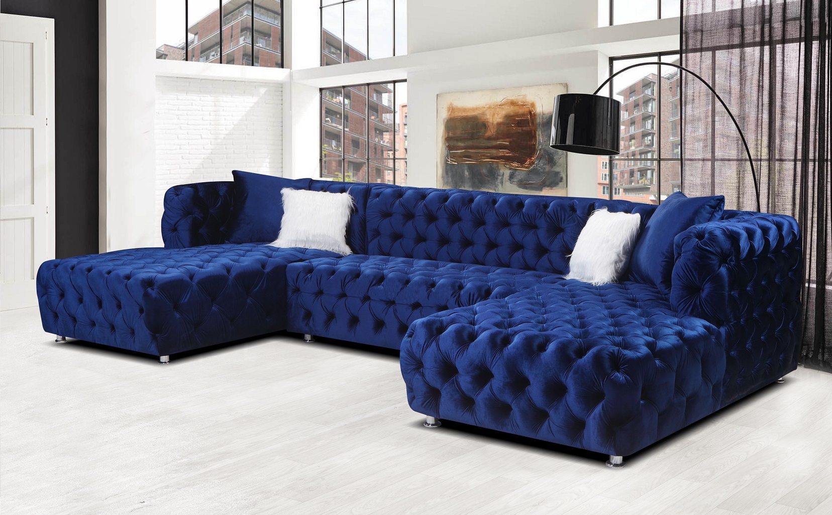 Luxury home furniture European style stationary sofa L shaped velvet tufted big sofa