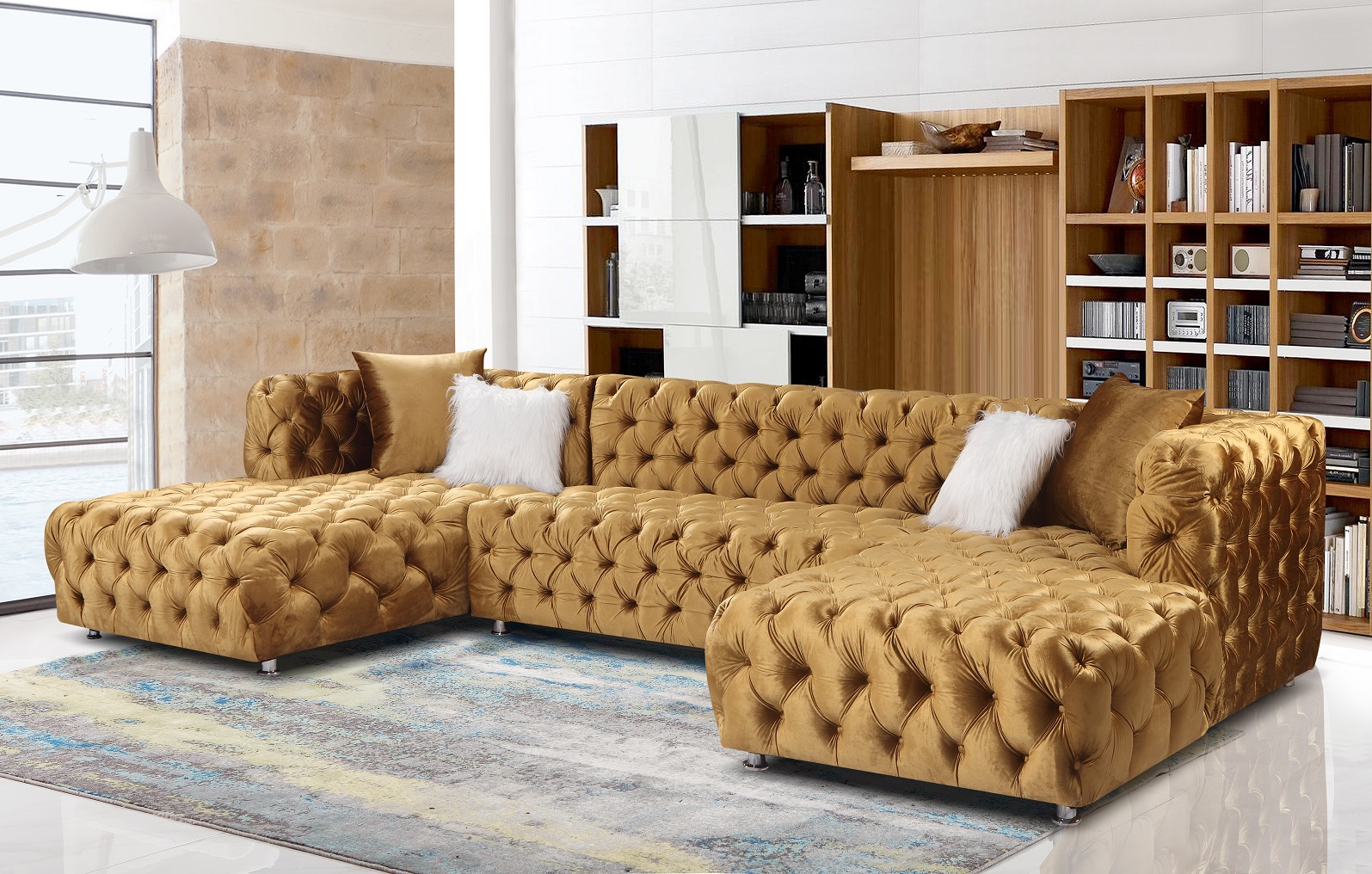 Luxury home furniture European style stationary sofa L shaped velvet tufted big sofa