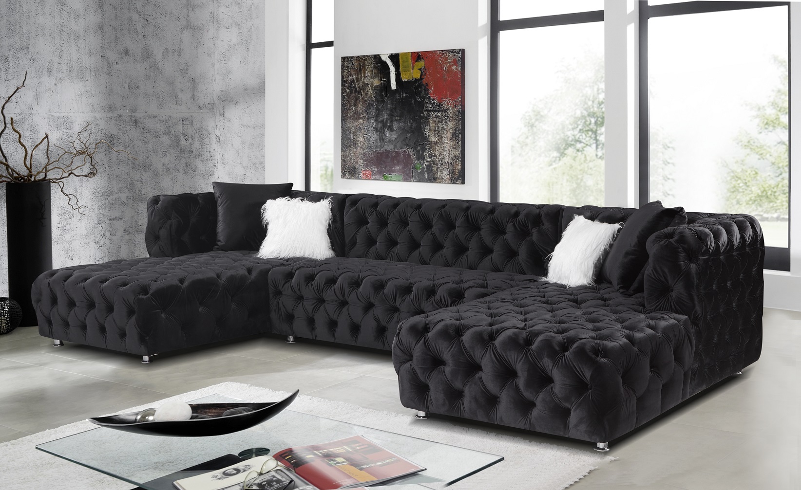 Luxury home furniture European style stationary sofa L shaped velvet tufted big sofa