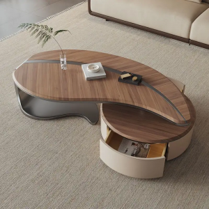 Modern Nordic Leaf Shape Coffee Table with Stainless Steel Base Solid Wood Top and Drawers for Livin