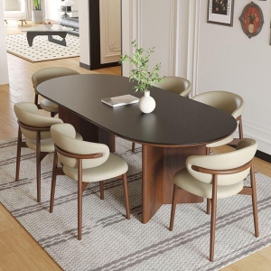 CEO Furniture Factory French Retro Solid Wood Leg Dining Table Set Small Apartment Oval Cave Stone R